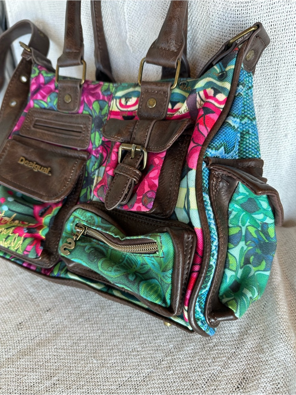 Vintage Desigual Floral Patchwork Shoulder Bag Multi Pocket Boho Satchel Purse - Picture 6 of 15